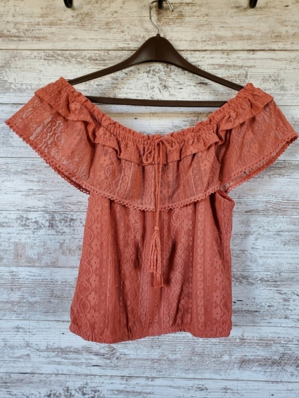 No Boundaries Boho Lace Off Shoulder Smocked Tassel Blouse Top Salmon - Picture 2 of 12